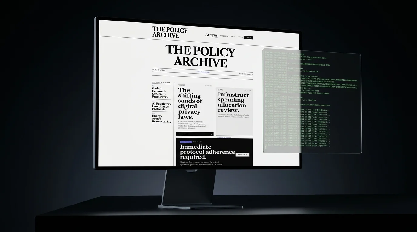 Ashfaq Policy & Affairs title card: The Policy Archive front page mockup