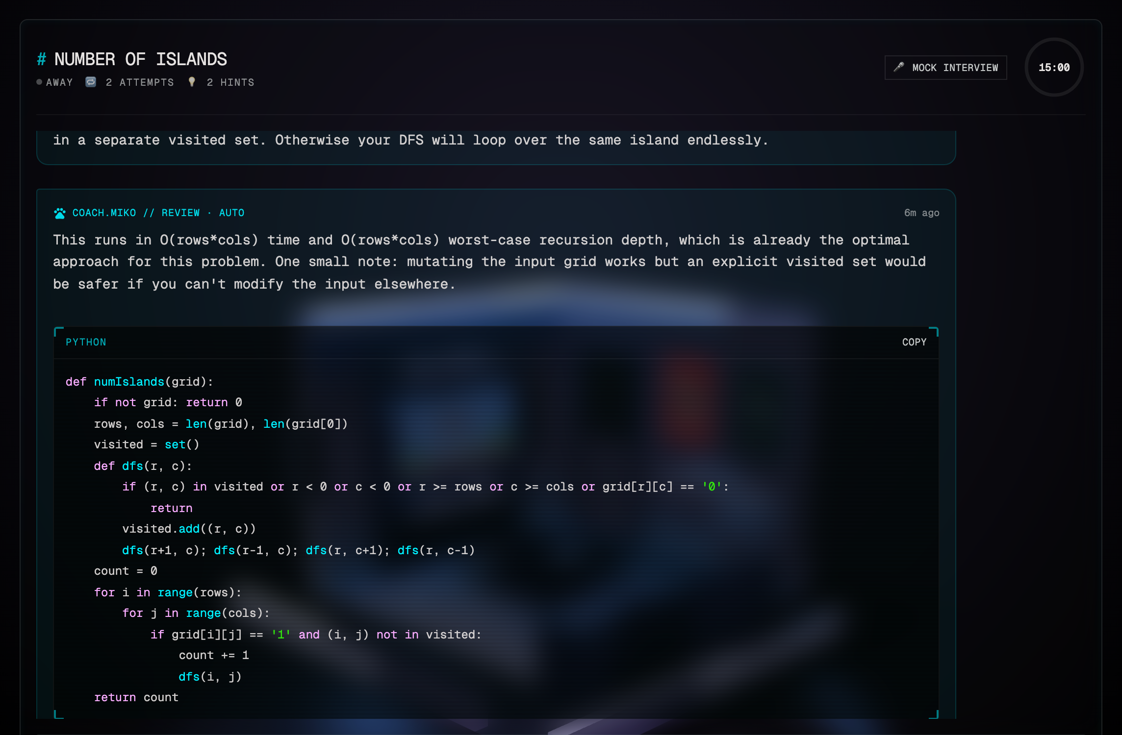 Miko the AI coach giving a code-reviewed hint with syntax highlighting
