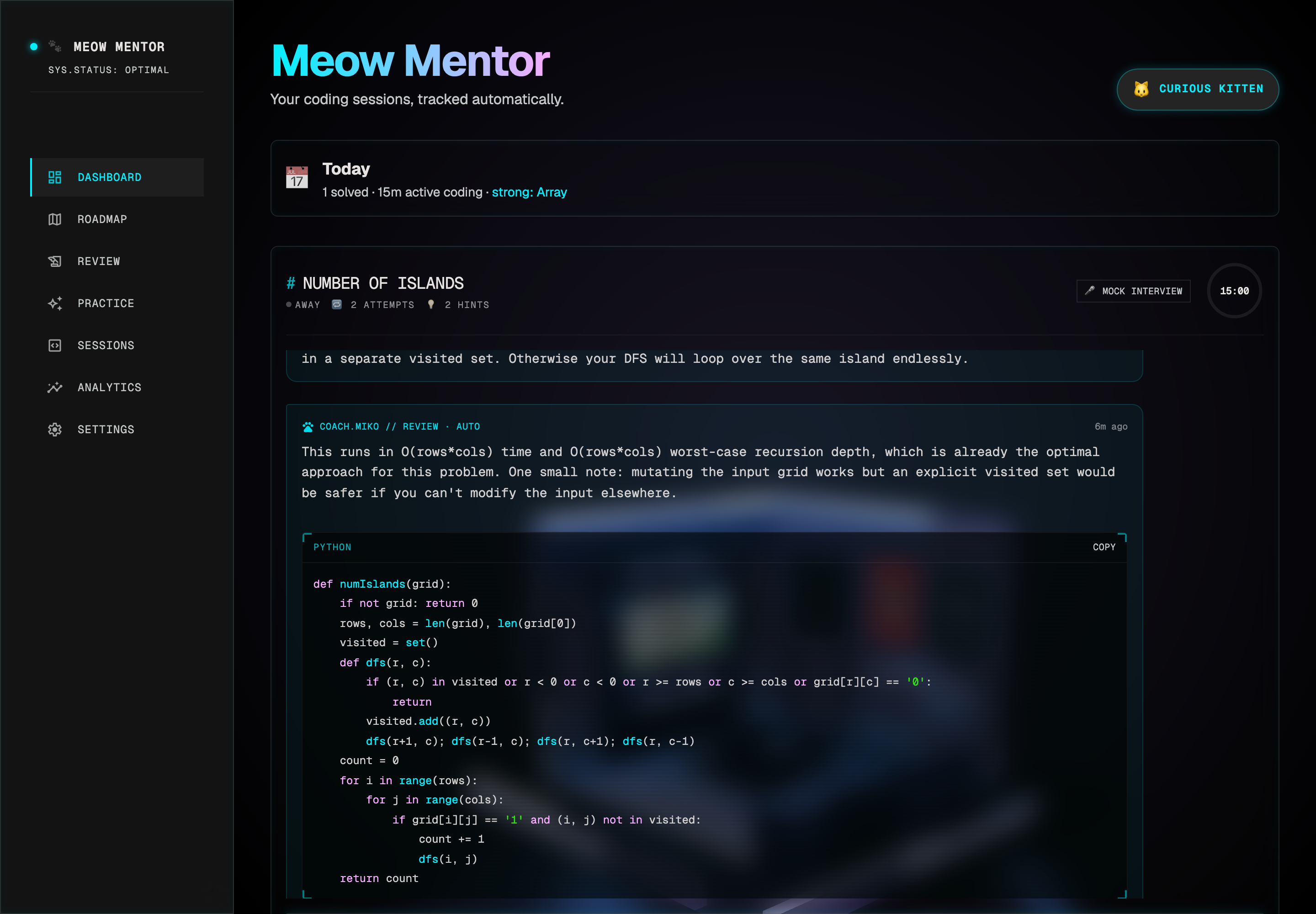 MeowMentor dashboard showing tracked problems and stats